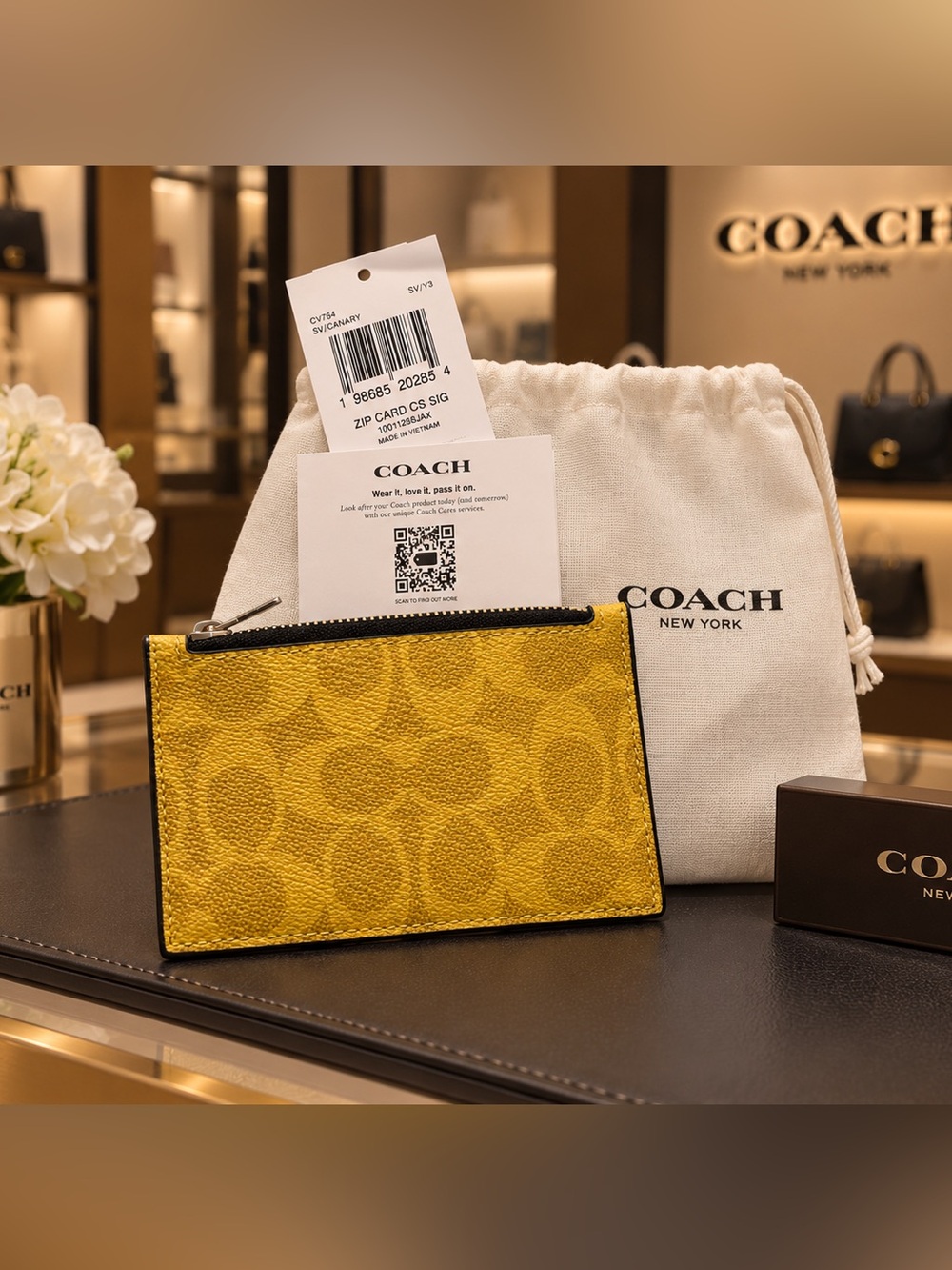 COACH Yellow Signature Zip Card Case with Coach Dust Bag